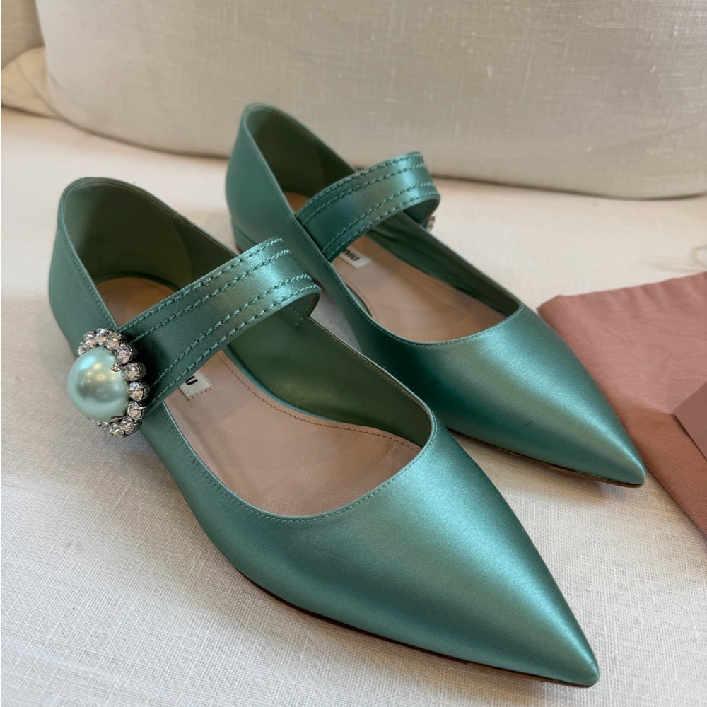 Miu Miu Teal Satin Pointed Mary Jane Flats with Pearl-Embellished Buckle